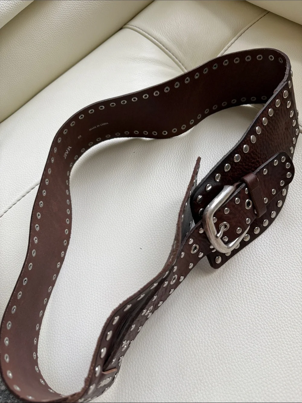 Zara Dark Brown Studded Wide Leather Belt with Silver Hardware